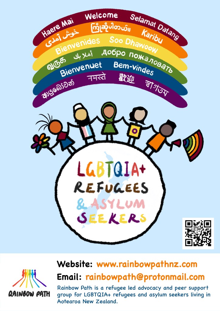 A Rainbow Path poster saying welcome in many languages, with details about Rainbow Path's website (rainbowpathnz.com) and email (rainbowpath@protonmail.com )