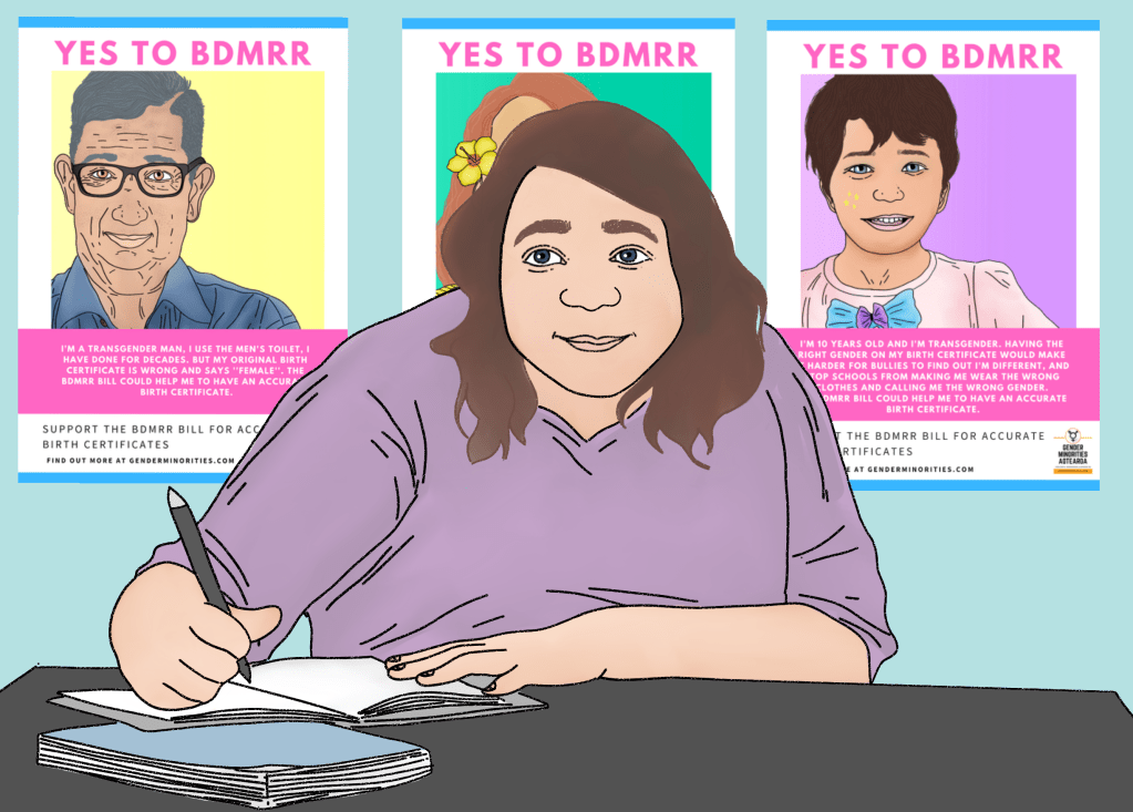 A trans person writing a submission with three posters behind them that say "Yes to BDMRR".