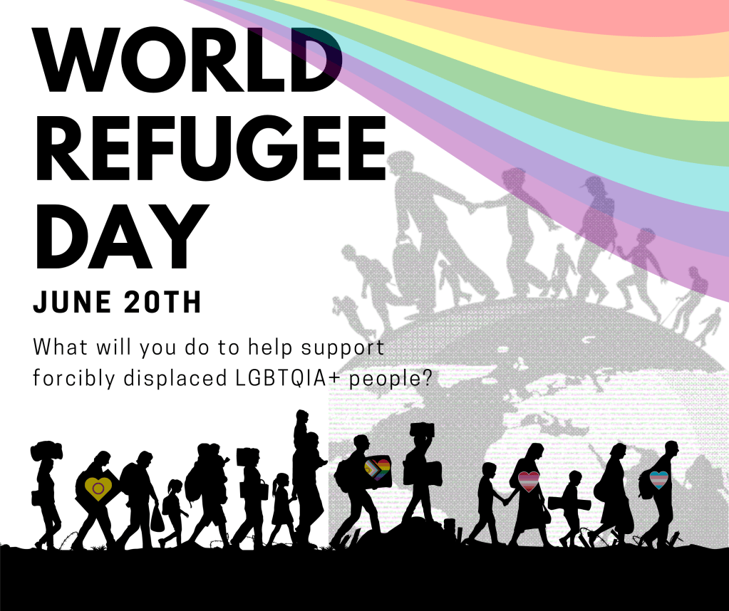 An image for World Refugee day, June 20th. What will you do to help support forcibly displaced LGBTQIA+ people? Background showing a group of refugees walking across the globe, some of which are rainbow. 